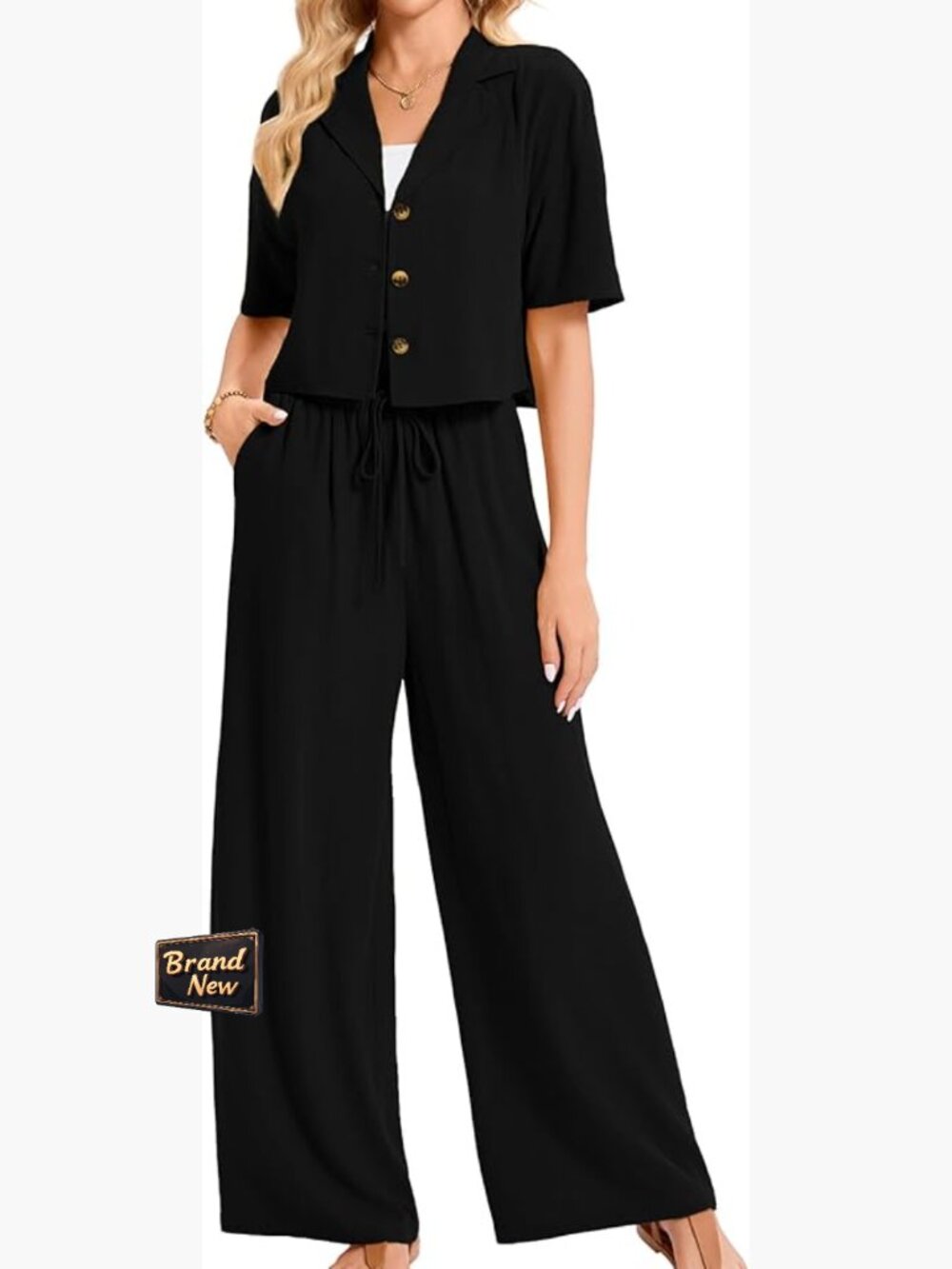 Women's Linen 2 Piece Set Short Sleeve Shirt and Wide Leg Pants Suit